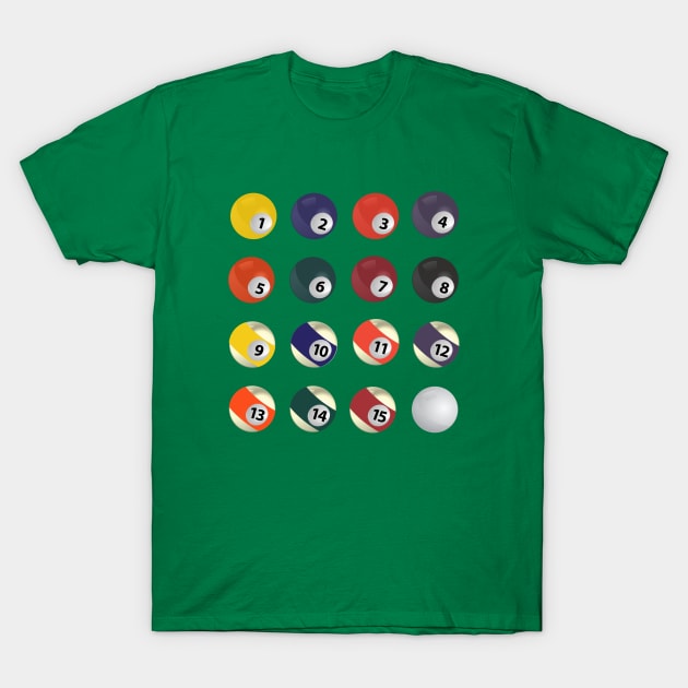 Pool Billiards Game Numbered Colored Balls And Cue T-Shirt by FlashMac